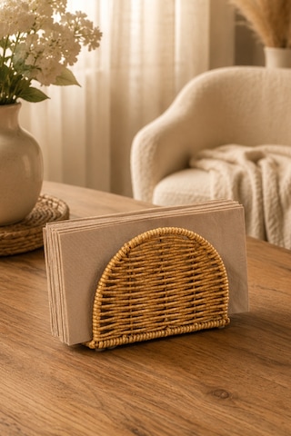 Porsima Dhz07304 Dekoratif Doğal Hasır Masa Üstü Havlu Kağıtlık Peçetelik 15x12x5,5cm
