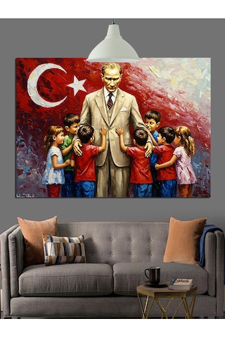 Atatürk Ve Çocuklar Dekoratif Kanvas - Mdf Ahşap Tablo
