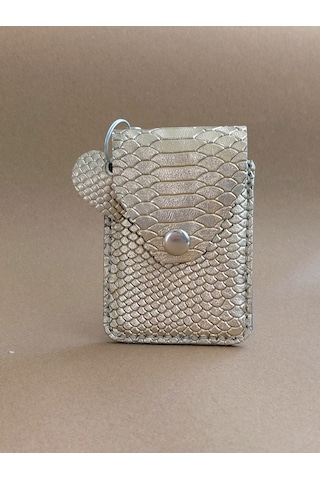 Hakiki Deri Minimal Avuçiçi Yılan Desen Leopar Tasarım Kadın Cüzdan Kartlık Drc-26 Gold