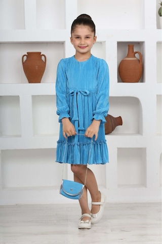 Kız Çocuk Örme Saten Çanta Detaylı Pliseli Astarlı Elbise Açık Mavi