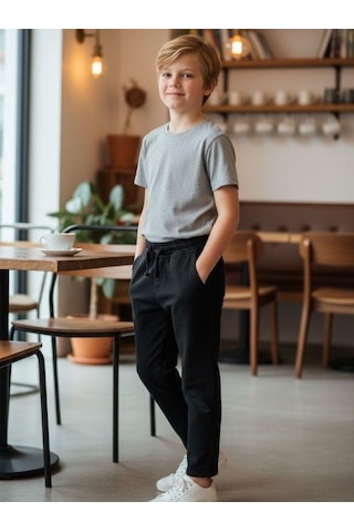 Zekids Erkek Çocuk Esnek Kumaş Beli Lastikli Pantolon-16399 Füme