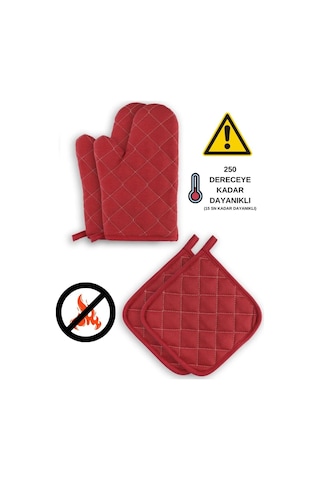 Yanmaz Ve Isıya Dayanıklı Fırın Eldiveni Ve Tutacak 2 Eldiven, 2 Tutacak Vişne