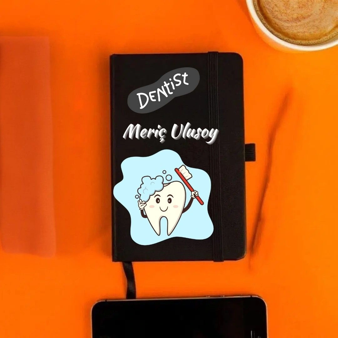 Kişiye Özel Diş Doktoru Tasarımlı Deri Not Defteri Tüy Kalem Detaylı Şık Hediye Siyah