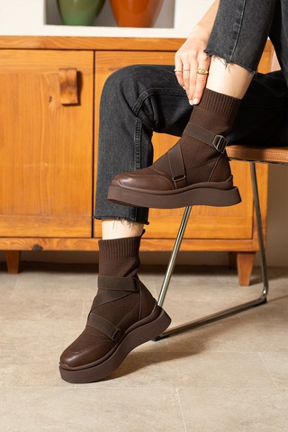 Dabab Shoes Katiana Kadın Kahve Lastik Detaylı Rahat Kalın Taban Triko Spor Bot Kahverengi