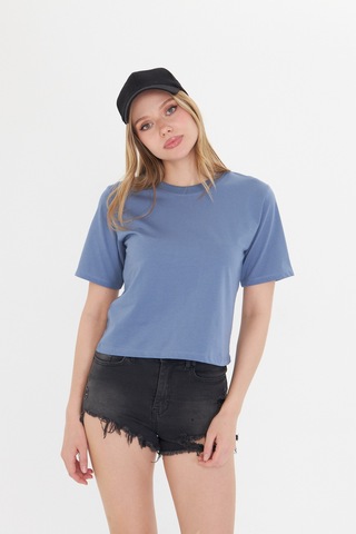 Kadın Siyah Yuvarlak Yaka Regular Fit Normal Kesim T-shirt Tişört Mavi
