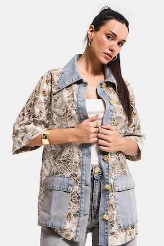 it's basic Kadın Kot Kahve 4s6-65 Oversize Özel Tasarım Gül Dantel Detaylı Ceket Gömlek Kot Rengi
