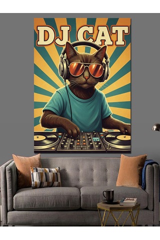 Kulaklıklı Dj Kedi Çocuk Dekoratif Kanvas - Mdf Ahşap Tablo