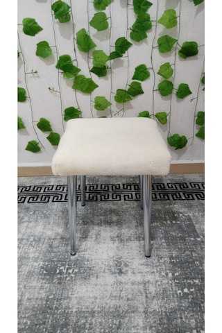 Özcan Metal Metal Ayak Teddy Kumaş Dekoratif Çok Amaçlı Peluş Puf Tabure Bench Koltuk Sandalye Krembeyaz