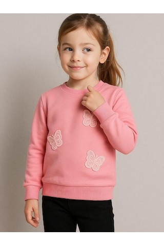 Kız Çocuk Kelebek Desenli Sweatshirt-16229 Pembe