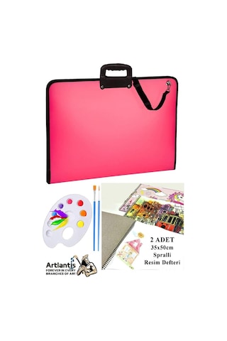 Resim Çantası 35x50 Cm Resim Defteri Palet Fırça Seti 1 Paket Pembe Resim Proje Çantası Fermuarlı Kulplu 37x54 Cm