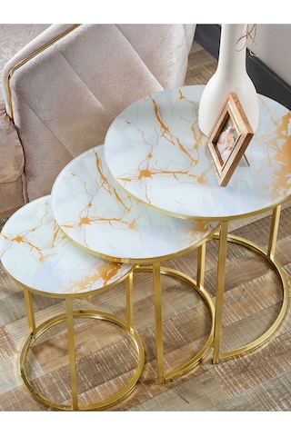 3' Lü Beyaz Sarı Mermer Gold Metal Sehpa