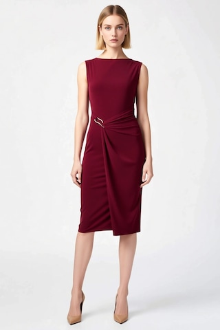Benerly Kadın Bisiklet Yaka Kolsuz Bodycon Midi Elbise Büyük Beden Sandy Bordo