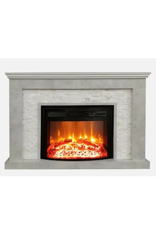 Elektrikli Şömine 1800W Gri Beton İçine Beyaz Doğal Taşlı Dekorat