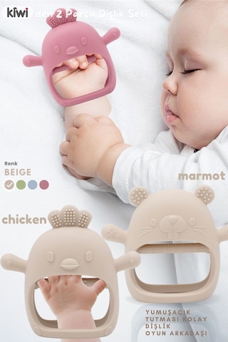 Kiwi 2 İn 1 Chicken - Marmot Tutması Kolay  Diş Kaşıyıcı Seti Alman Tasarım Bej