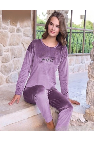 Pijamoni Kadın Kışlık Bisiklet Yaka Likralı Soft Kadife Pijama Takımı 4200/13 - 1 Adet 001