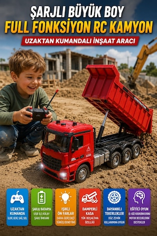Şarjlı Uzaktan Kumandalı Rc Damperli Kamyon Büyük Boy Işıklı İnşaat Oyuncağı