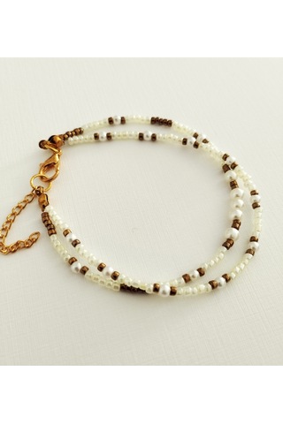 B214 İnci Boncuklu İkili Bileklik Altın - Beyaz