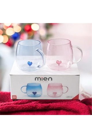 Mien İkili Cam Kupa Seti 250 Ml Kalpli Tasarım Mavi & Pembe Şık Kupa Takımı Çok Renkli