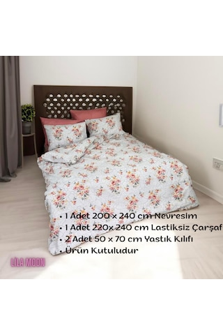 Almira Pudra-beyaz Renkli Çift Kişilik Pamuklu Nevresim Takımı Pudra