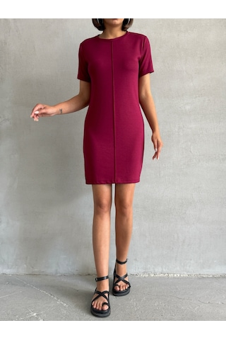 Kadın Bisiklet Yaka Soft Touch Elbise Bordo