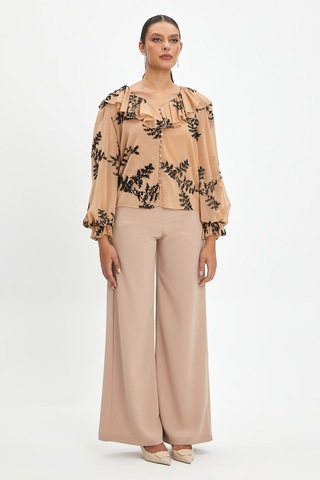 Kadın Fırfırlı Çiçek Desenli Gömlek - Volanlı Kol Ve V Yaka Detaylı Siyah-bej