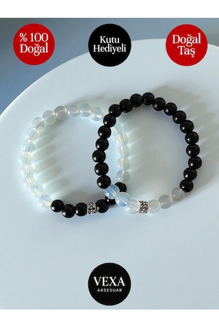 Yin Yang Temalı Oniks Ve Opal Çift Bileklik Seti Sevgili & Arkadaşlık Kombini Kutu Hediyeli Çok Renkli