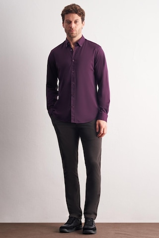 İmza Mor Düğmeli Yaka Örme Uzun Kol Performans Ürün Slim Fit Esnek Gömlek 1004255270 Mor
