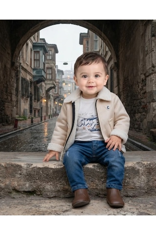 Junıor Class Krem Renkli Erkek Bebek Kuzu Yakalı Deri Mont Takım Bej
