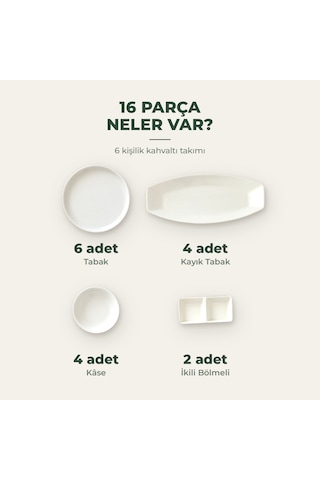 Beyaz Porselen 16 Parça 6 Kişilik Kahvaltı Takımı Kahvaltılık Sunum Seti