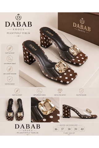Dabab Shoes Rodın Kadın Şeffaf Bantlı Taş Tokalı Puantiye Desenli Kare Burunlu Kahve 7 Cm Kalın Topuklu Terlik Kahverengi
