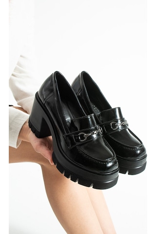 Dabab Shoes Chonora Kadın Siyah Rugan Zincir Detaylı Kalın Taban Topuklu Loafer