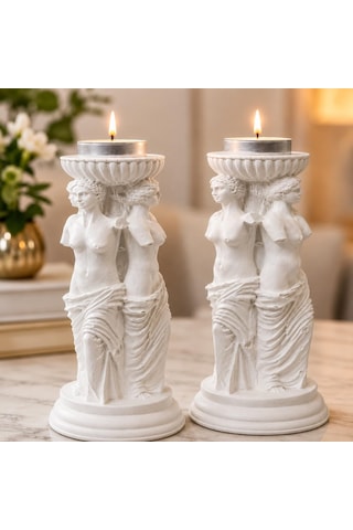 Yunan Üç Güzeller Tealight Mumluk Seti 2 Li, 16 Cm Taş Tozu Beyaz Heykel Mumluk, Antik Mitoloji Ev Dekoru