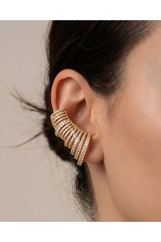 Ear Cuff Çoklu Sıra Zirkon Taşlı Kıkırdak Küpesi 4cm Gold