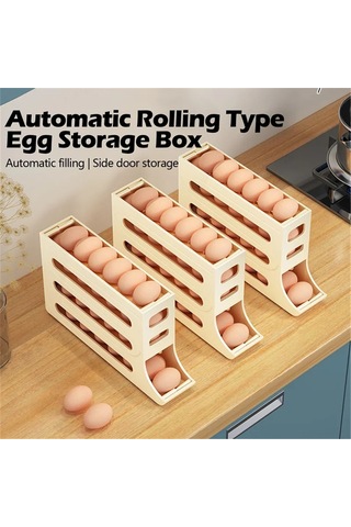 Ranyeek Beyaz Otomatik Yuvarlanan Yumurta Depolama Kutusu - 30 Yumurta Kapasitesi, Soğutucu Tahtası Tasarımı, Kaymaz Önleme Ayakları Beyaz