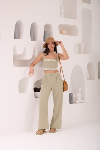 Zikzak Nakış Kalın Askılı Crop Bluz Pantolon 2li Takım Haki