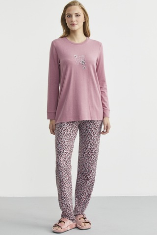 Yumoş Dokulu Leopar Desenli Kışlık Pijama - Gül Kurusu Gül Kurusu