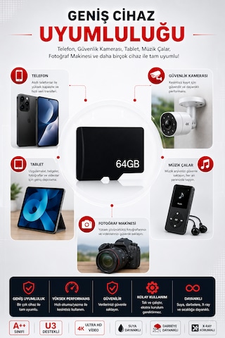 64gb Hafıza Kartı U3 Destekli A++ Class 10 Güvenlik Kameraları Telefon Müzik Çalar Ve Tablete Uygun Hafıza Kartı
