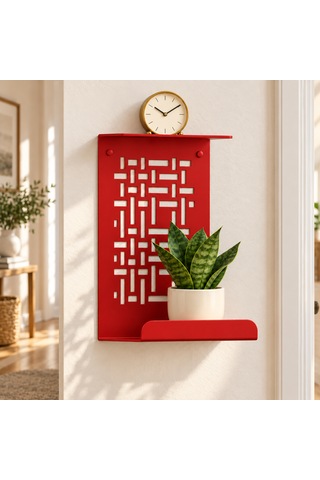 Geometrik Metal Duvar Rafı, Bitkiler Ve Küçük Dekorlar İçin İki Katlı Sergileme Rafı Kırmızı