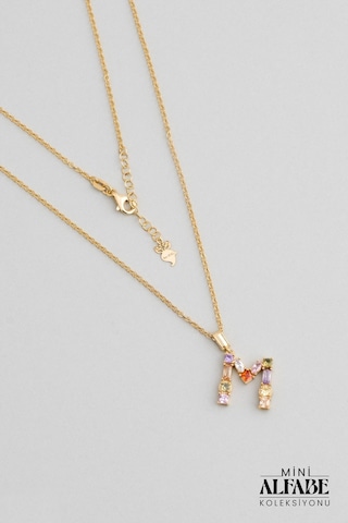 Mini M Harfi Günışığı Renkli 18 Ayar Sarı Altın Kaplama Gümüş Kolye