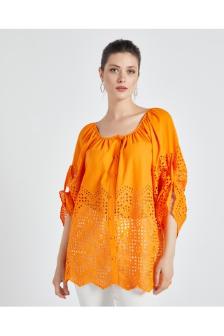 Kadın Pamuk Gömlek Ajurlu Detaylı, Rahat Kalıp Yazlık Tasarım Orange
