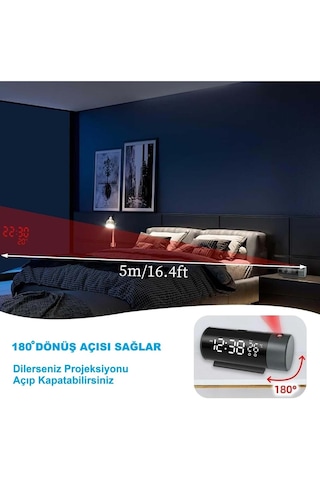 Modern Projeksiyonlu Silindir Led Çalar Saat Dijital Ekran, Usb, Sıcaklık & Çift Alarm Siyah
