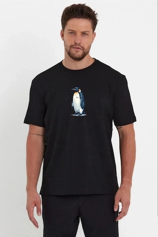 Barlashive Erkek T-shirt Penguen Baskılı Bisiklet Yaka Kısa Kol Yazlık Tişört - Siyah Çok Renkli
