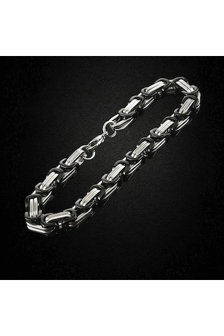 Çelik Bileklik Kral Zincir Model 0.5 Mm 22 Cm Bizans Bağlantı Tasarım Gümüş Silver Siyah Black Gümüş - Siyah