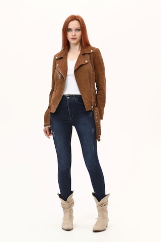 Leatinn Biker Taba Kadın Deri Mont