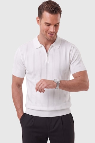 Deepsea Erkek Fermuarlı Polo Yaka Çizgi Dokulu Beyaz Triko Tişört Regular Fit Yumuşak Dokulu 2608007