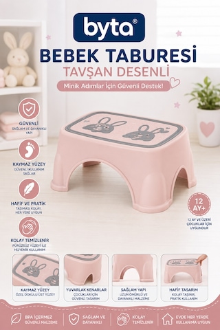 Tavşan Desenli Kaymaz Çocuk Basamağı Bebek Lavabo Ve Klozet Basamağı Pembe Pembe