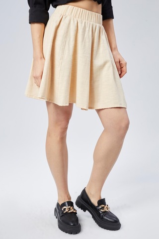 Nurören Flamlı Keten Parçalı Kısa Kloş Kadın Etek-ekru-02 Ekru