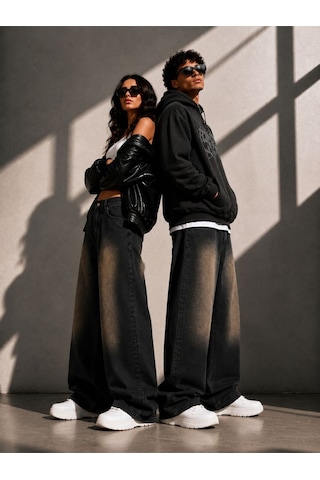 St.poll Vintage Efekt Eskitme Unisex Baggy Jean Pantolon Efekt Siyah