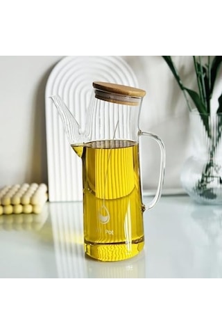 Bambu Kapklı Borosilikat Cam Yağlık & Sirkelik 1 Litre Isıya Dayanıklı & Sızdırmaz Tasarım Bambu Kapaklı Şeffaf Cam Yağdanlık 1000ml Acı Kahverengi