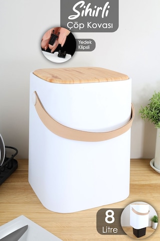 Ahşap Görünümlü Çöp Kovası - Akıllı Kapak Tutma Saplı Kovalı Tezgah Üstü Mutfak Çöp Kovası 8lt Beyaz